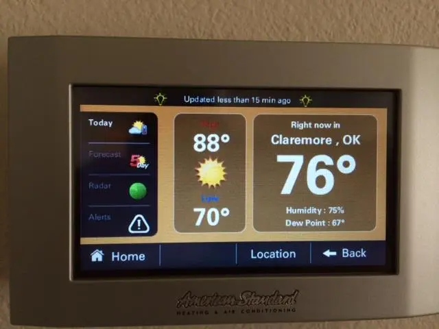 Smart thermostat showing the Claremore weather